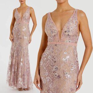 $698 Mac Duggal 67481 Size 0 Pink Floral Embroidered V-Neck Long Maxi Gown Dress